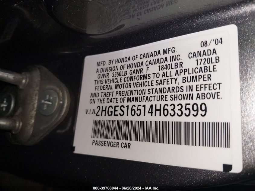 2004 Honda Civic Lx VIN: 2HGES16514H633599 Lot: 39768044