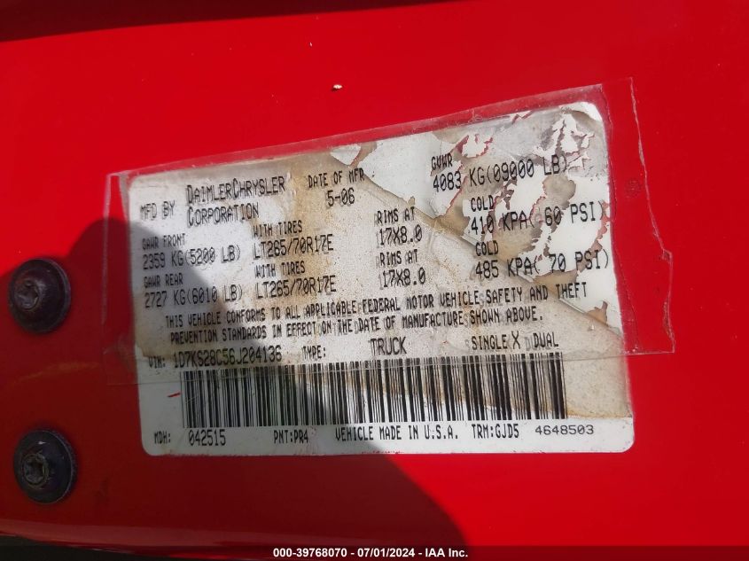 2006 Dodge Ram 2500 Laramie VIN: 1D7KS28C56J204136 Lot: 39768070