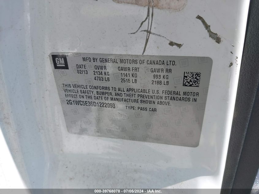2013 Chevrolet Impala Ltz VIN: 2G1WC5E36D1222093 Lot: 39768078
