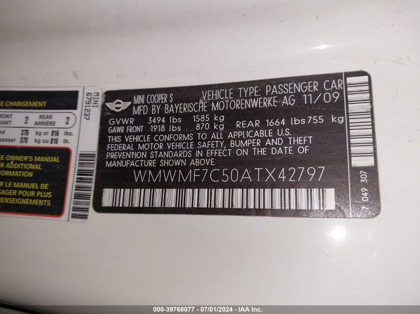 2010 Mini Cooper S VIN: WMWMF7C50ATX42797 Lot: 39768077