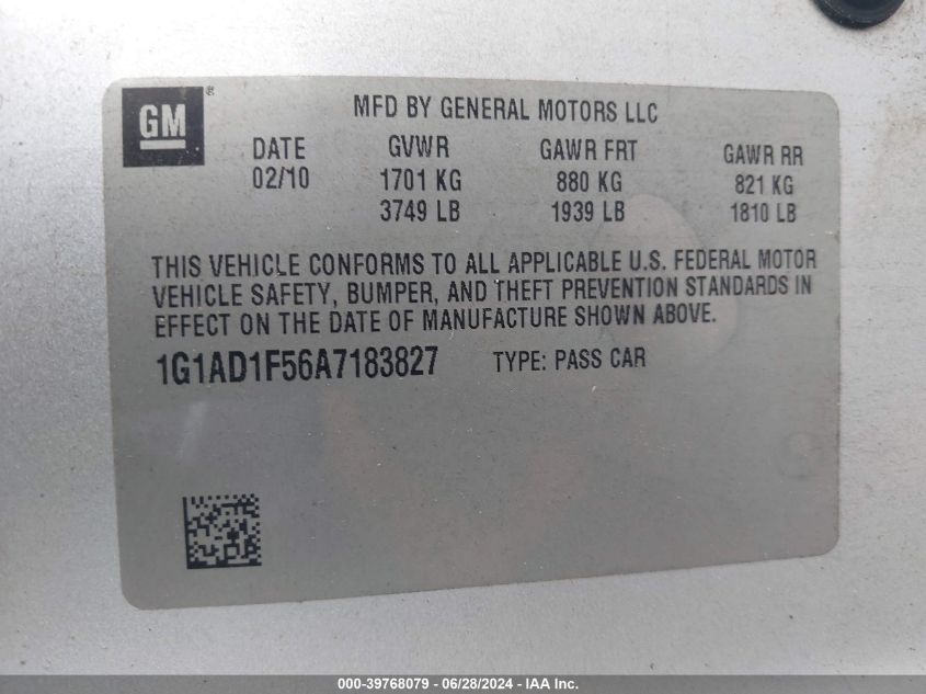 2010 Chevrolet Cobalt Lt VIN: 1G1AD1F56A7183827 Lot: 39768079