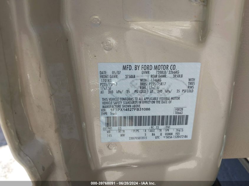 2007 Ford F-150 Fx4/Lariat/Xl/Xlt VIN: 1FTPX14527FB31086 Lot: 39768091