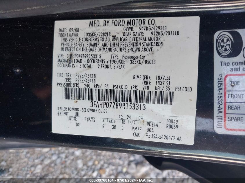 2009 Ford Fusion Se VIN: 3FAHP07Z89R153313 Lot: 39768104