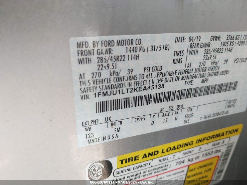 2019 Ford Expedition Platinum VIN: 1FMJU1LT2KEA45138 Lot: 39768111