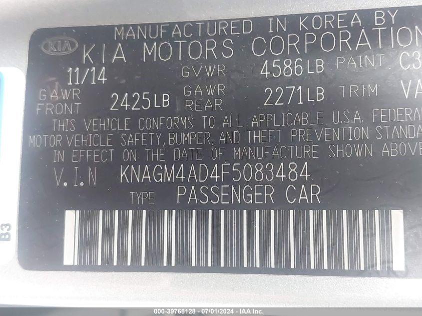 2015 Kia Optima Hybrid VIN: KNAGM4AD4F5083484 Lot: 39768128