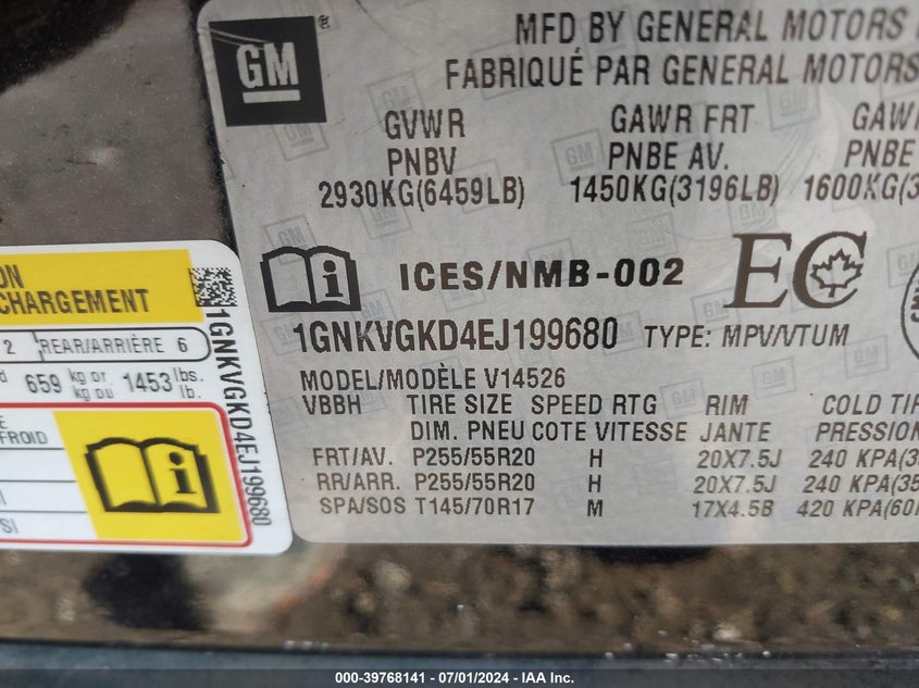 2014 Chevrolet Traverse 1Lt VIN: 1GNKVGKD4EJ199680 Lot: 39768141