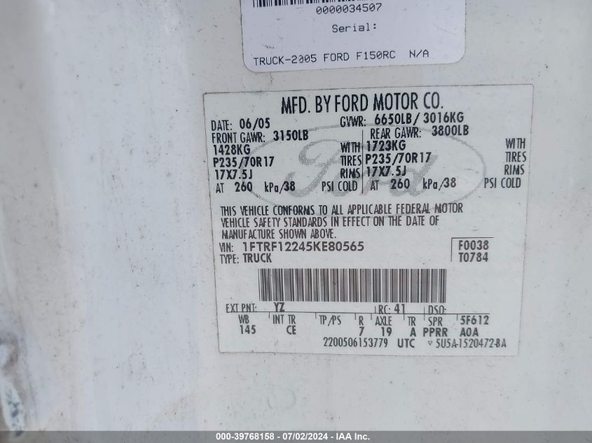 2005 Ford F-150 Stx/Xl/Xlt VIN: 1FTRF12245KE80565 Lot: 39768158