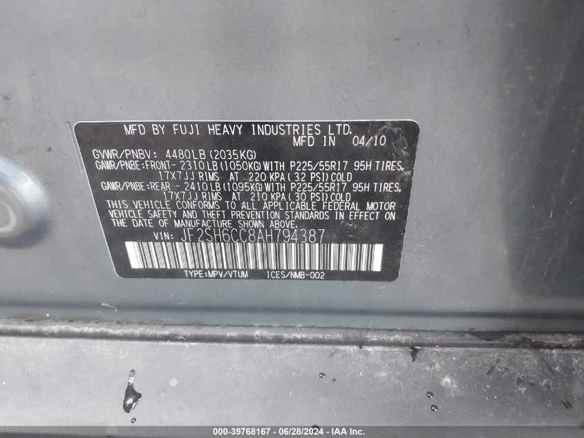 2010 Subaru Forester 2.5X Premium VIN: JF2SH6CC8AH794387 Lot: 39768167