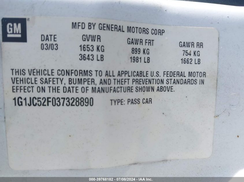 2003 Chevrolet Cavalier VIN: 1G1JC52F037328890 Lot: 39768182