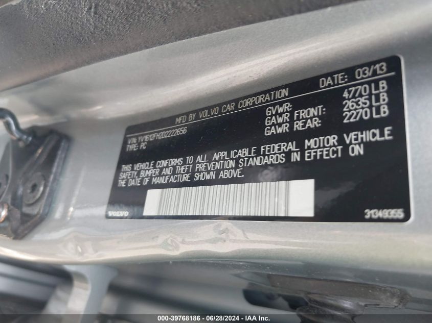 2013 Volvo S60 T5/T5 Platinum/T5 Premier/T5 Premier Plus VIN: YV1612FH2D2222656 Lot: 39768186