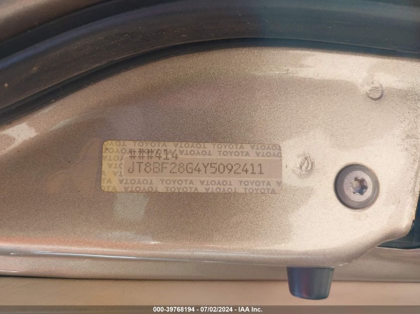 2000 Lexus Es 300 300 VIN: JT8BF28G4Y5092411 Lot: 39768194