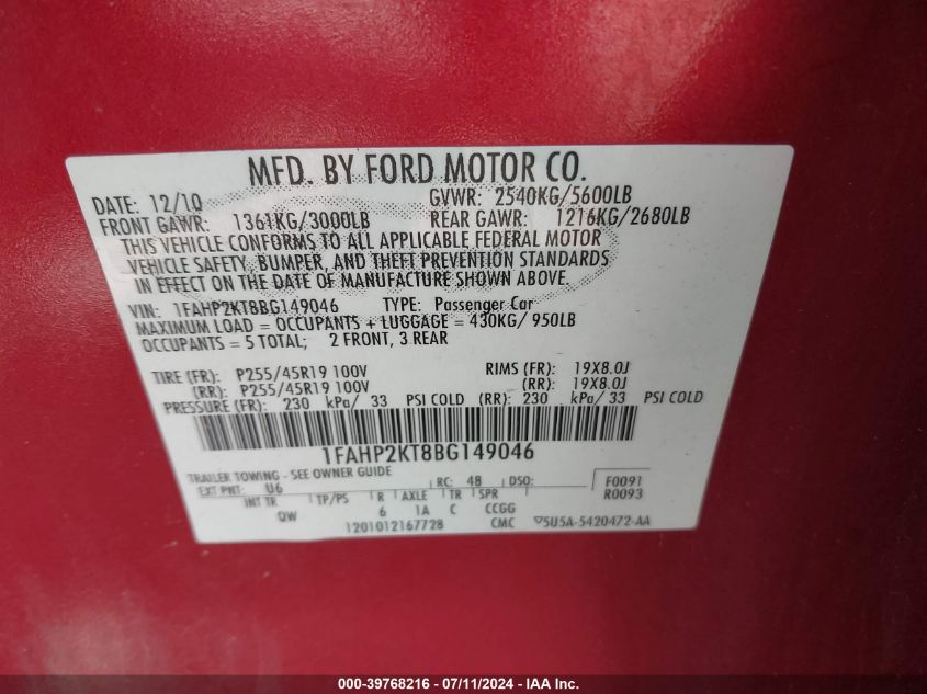 2011 Ford Taurus Sho VIN: 1FAHP2KT8BG149046 Lot: 39768216