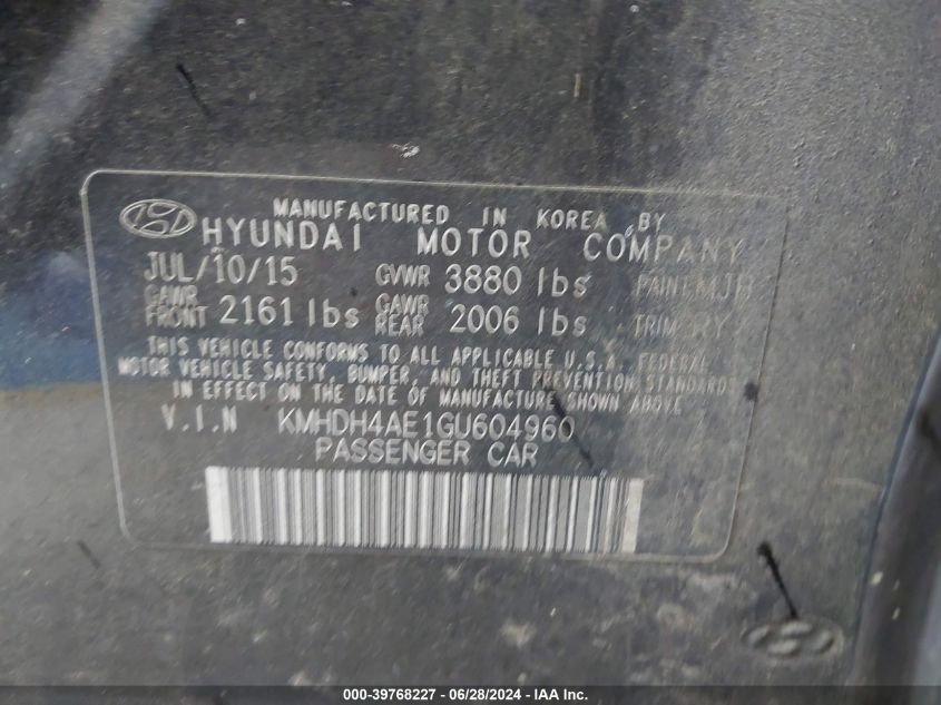 KMHDH4AE1GU604960 2016 Hyundai Elantra Limited