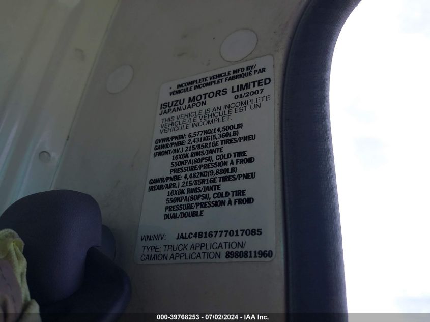 2007 Isuzu W4S042 Npr Hd Dsl Reg VIN: JALC4B16777017085 Lot: 39768253