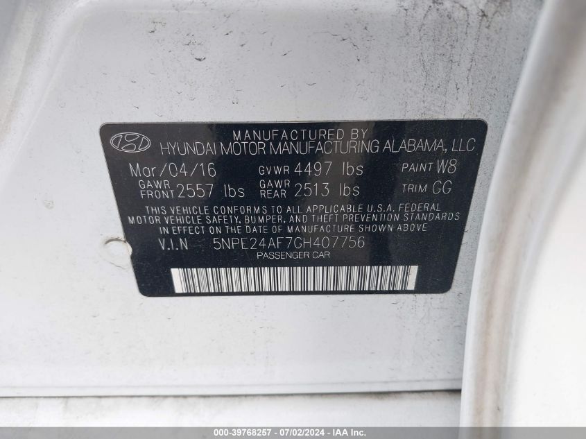 2016 Hyundai Sonata Se VIN: 5NPE24AF7GH407756 Lot: 39768257