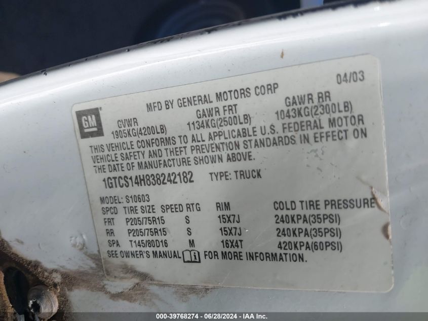 2003 GMC Sonoma Sl VIN: 1GTCS14H838242182 Lot: 39768274