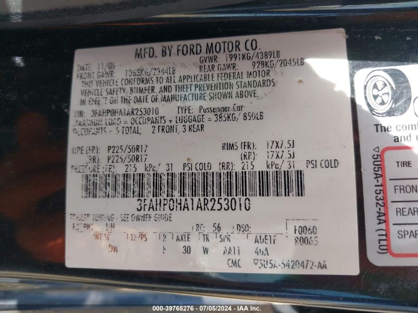 2010 Ford Fusion Se VIN: 3FAHP0HA1AR253010 Lot: 39768276