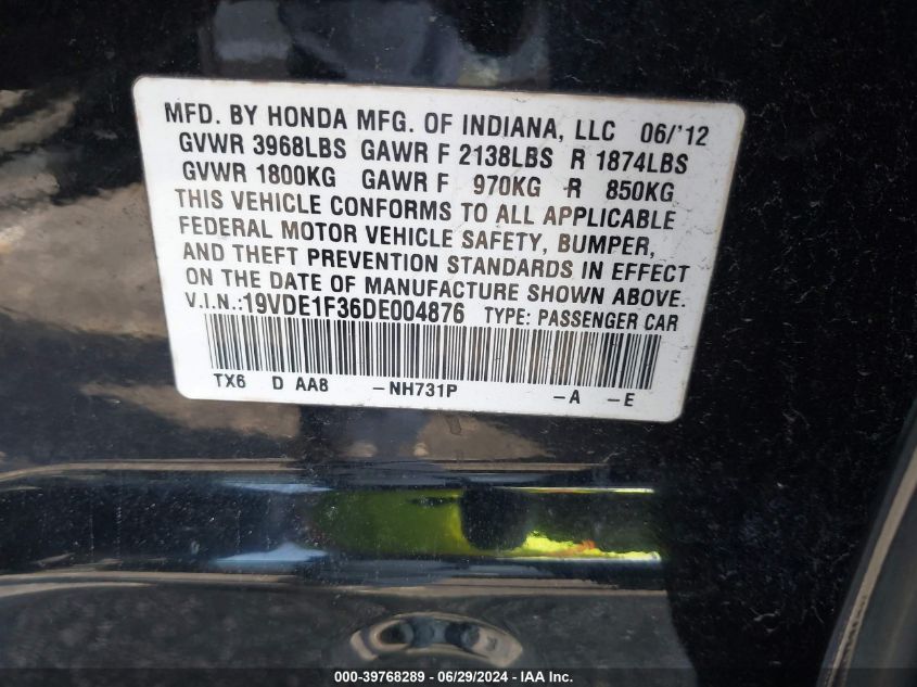 2013 Acura Ilx 2.0L VIN: 19VDE1F36DE004876 Lot: 39768289