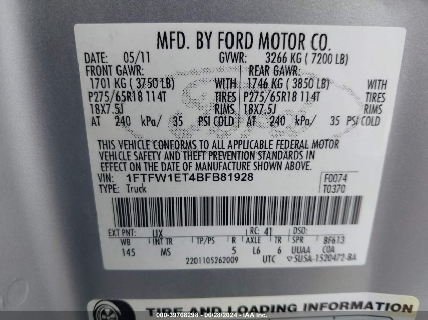 2011 Ford F-150 Xlt VIN: 1FTFW1ET4BFB81928 Lot: 39768298