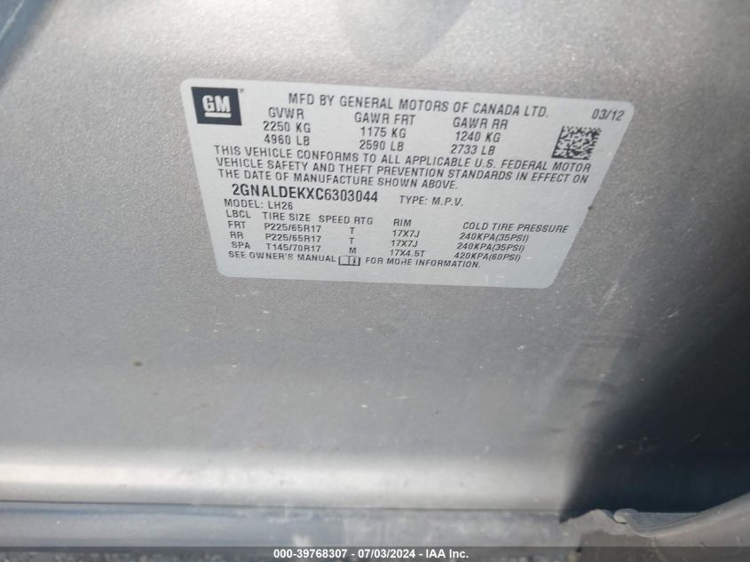 2012 Chevrolet Equinox 1Lt VIN: 2GNALDEKXC6303044 Lot: 39768307
