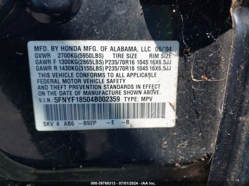 2004 Honda Pilot Ex-L VIN: 5FNYF18504B002359 Lot: 39768313