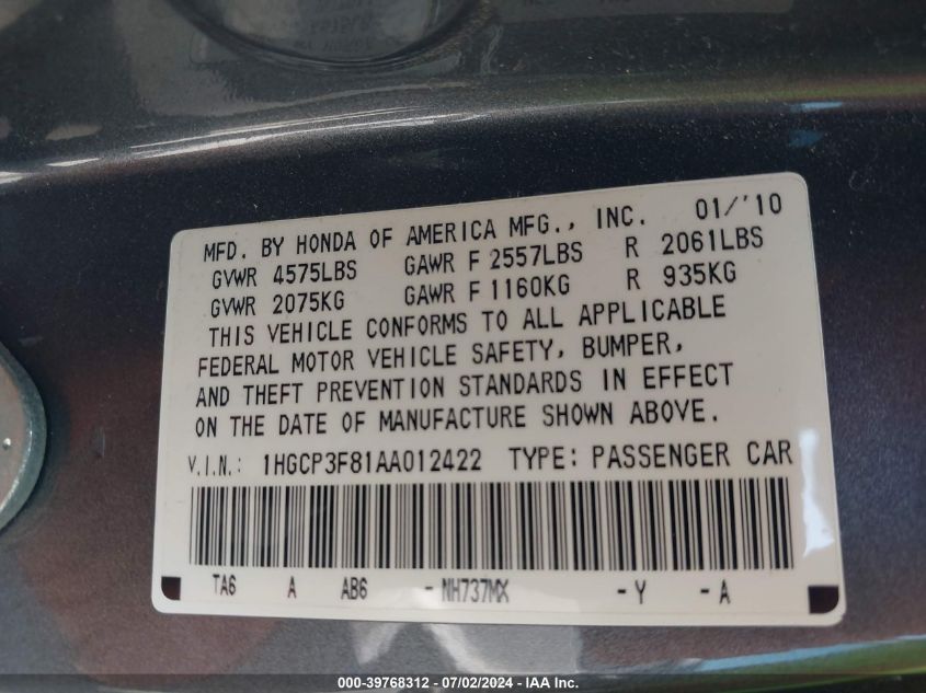 2010 Honda Accord 3.5 Ex-L VIN: 1HGCP3F81AA012422 Lot: 39768312