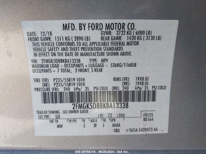 2019 Ford Flex Limited VIN: 2FMGK5D88KBA13338 Lot: 39768316