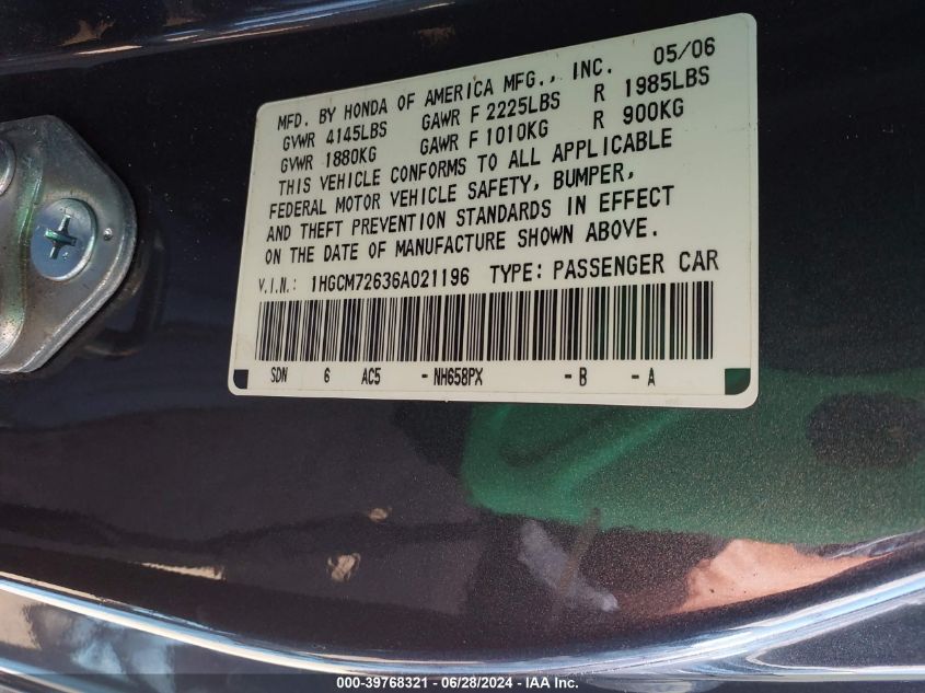 2006 Honda Accord 2.4 Ex VIN: 1HGCM72636A021196 Lot: 39768321