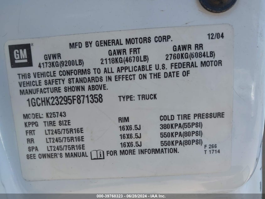 2005 Chevrolet Silverado K2500 Heavy Duty VIN: 1GCHK23295F871358 Lot: 39768323
