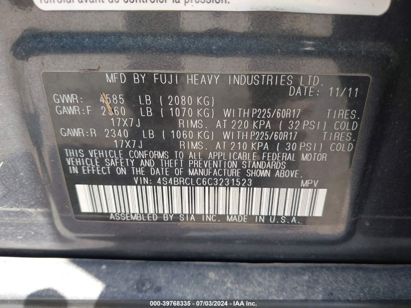 2012 Subaru Outback 2.5I Limited VIN: 4S4BRCLC6C3231523 Lot: 39768335