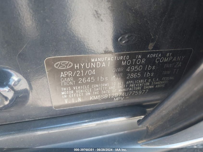 2004 Hyundai Santa Fe VIN: KM8SB12B74U775977 Lot: 39768351