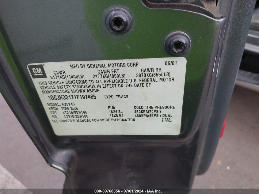 2001 Chevrolet Silverado 3500 Ls VIN: 1GCJK33121F197465 Lot: 39768356
