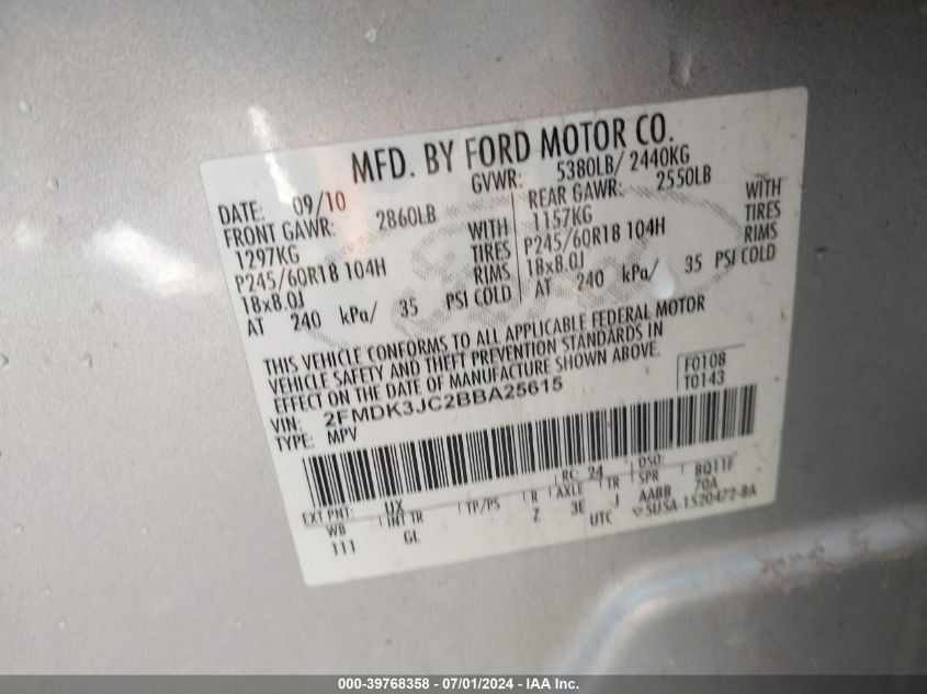 2011 Ford Edge Sel VIN: 2FMDK3JC2BBA25615 Lot: 39768358