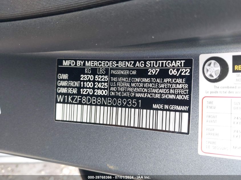 W1KZF8DB8NB089351 2022 Mercedes-Benz E 350