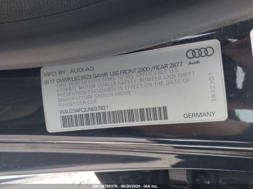 2018 Audi A7 3.0T Premium Plus VIN: WAU23AFC2JN037821 Lot: 39768376