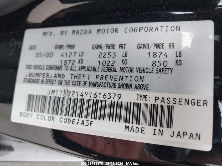 2000 Mazda Millenia Base (A4) VIN: JM1TA2214Y1616379 Lot: 39768378