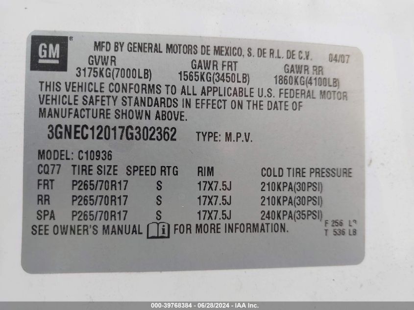 2007 Chevrolet Avalanche 1500 Lt VIN: 3GNEC12017G302362 Lot: 39768384