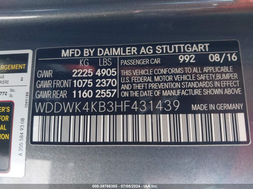 2017 Mercedes-Benz C 300 4Matic VIN: WDDWK4KB3HF431439 Lot: 39768385