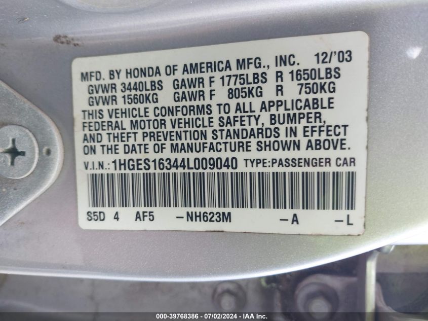 2004 Honda Civic Vp VIN: 1HGES16344L009040 Lot: 39768386