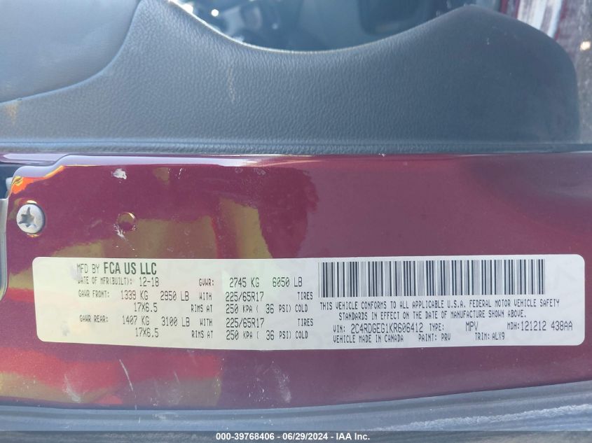 2019 Dodge Grand Caravan Gt VIN: 2C4RDGEG1KR606412 Lot: 39768406