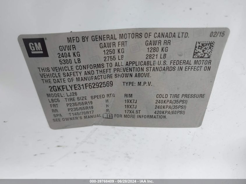 2015 GMC Terrain Slt VIN: 2GKFLYE31F6292569 Lot: 39768409