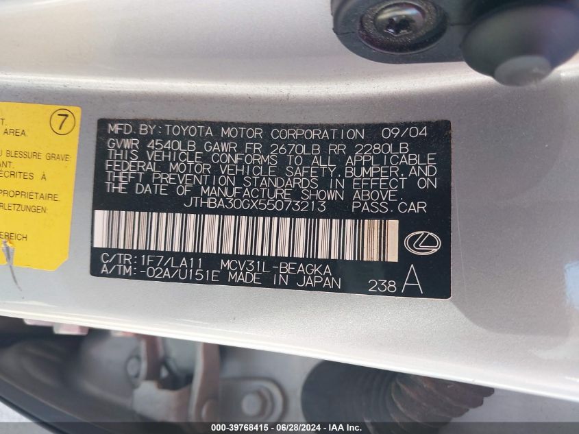 2005 Lexus Es 330 VIN: JTHBA30GX55073213 Lot: 39768415