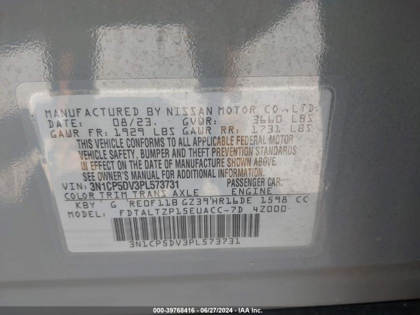 2023 Nissan Kicks Sr Xtronic Cvt VIN: 3N1CP5DV3PL573731 Lot: 39768416