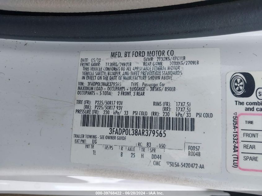 2010 Ford Fusion Hybrid VIN: 3FADP0L38AR379565 Lot: 39768422