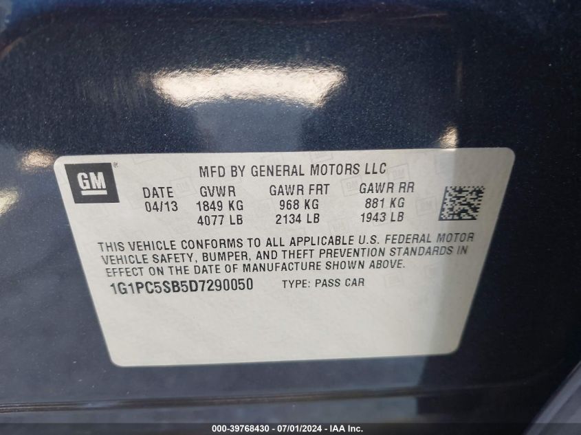 2013 Chevrolet Cruze 1Lt Auto VIN: 1G1PC5SB5D7290050 Lot: 39768430