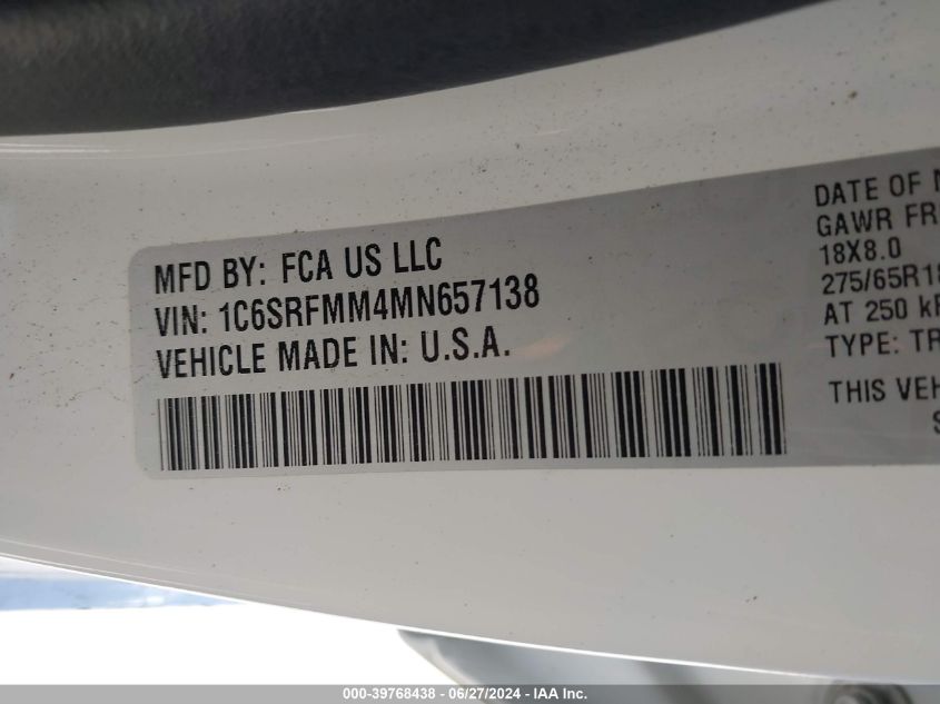 2021 Ram 1500 Big Horn 4X4 6'4 Box VIN: 1C6SRFMM4MN657138 Lot: 39768438