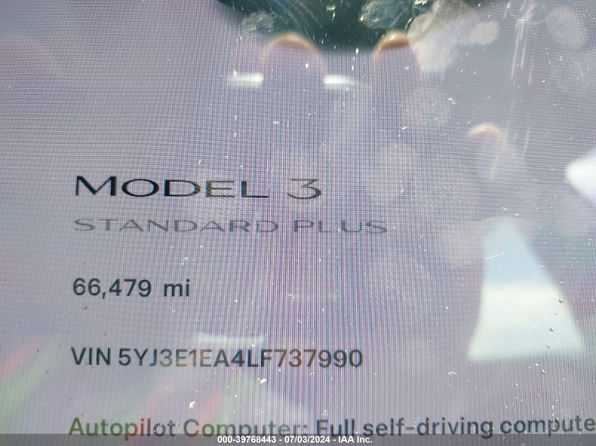2020 Tesla Model 3 Standard Range Plus Rear-Wheel Drive/Standard Range Rear-Wheel Drive VIN: 5YJ3E1EA4LF737990 Lot: 39768443