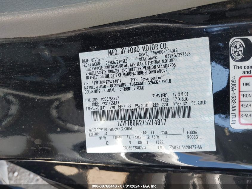 2007 Ford Mustang V6 Deluxe/V6 Premium VIN: 1ZVFT80N275214817 Lot: 39768448