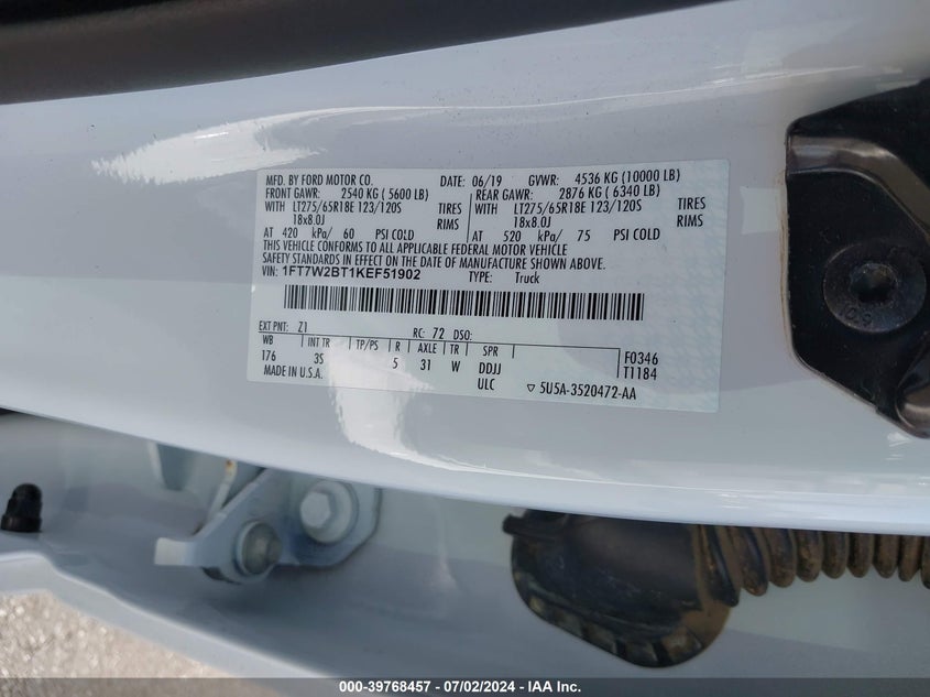 2019 Ford F250 Super Duty VIN: 1FT7W2BT1KEF51902 Lot: 39768457