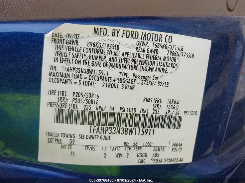 2008 Ford Focus Se/Ses VIN: 1FAHP33N38W115911 Lot: 39768460